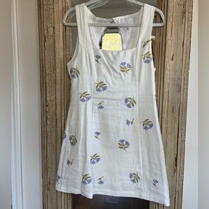 Elegant White Mini Dress with Periwinkle Floral Pattern